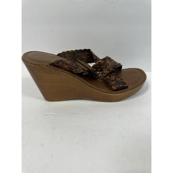 J. Crew Sandals Women 8 Brown Leather & Wood Strappy Wedge Made In Italy Ladies - Picture 6 of 12